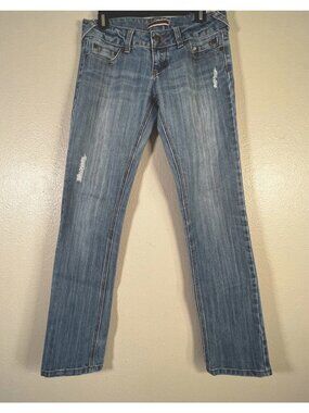 Younique Womens Jeans Blue Jr. 5 Bootcut Distressed Medium Wash Pockets Denim
